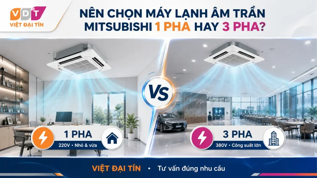 Máy Lạnh Âm Trần Mitsubishi 1 Pha Hay 3 Pha?