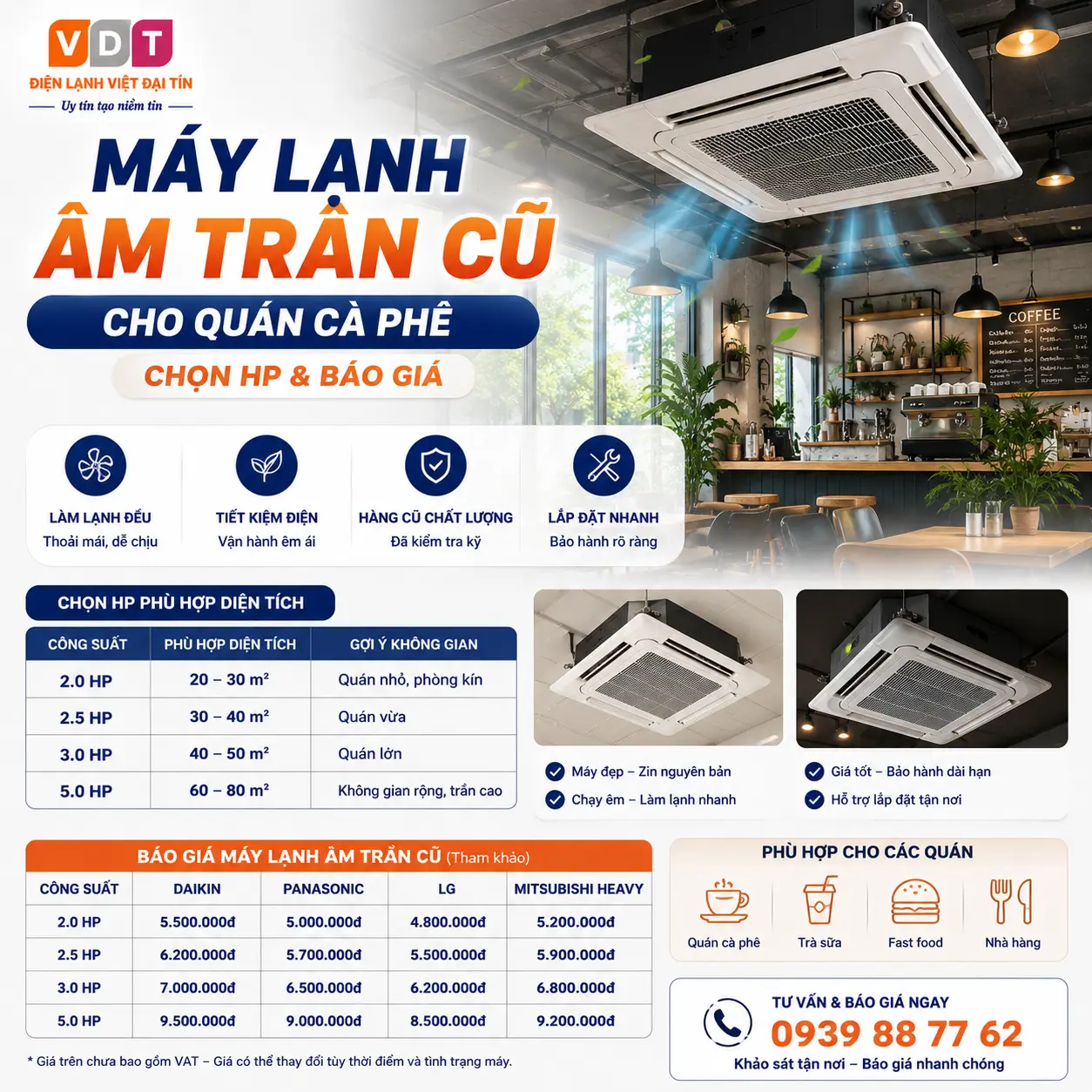 Máy lạnh âm trần cũ cho quán cà phê – Chọn HP & báo giá